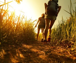 two ladies hikers walking through green lush meadow