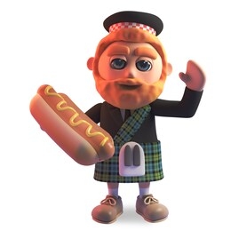 hungry scottish man in traditional kilt eating a delicious hotdog, 3d illustration render