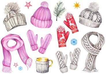 winter set of knitted hats, scarfs, mittens, coffee mug, fir branch, stars and snowflakes. watercolor isolated on white background. 