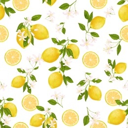 seamless pattern. yellow citrus fruit. lemon, leaves and flowers. tropical illustration.