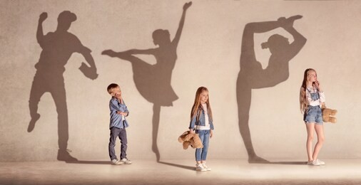 future famous champions. childhood and dream concept. conceptual image with boy and girls dreaming about big future in sport, ballet and gymnastic. creative collage made of photos of 3 kids.