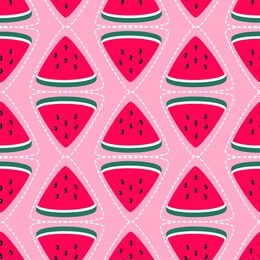 seamless pattern of sliced watermelon and seeds on pink background vector illustration.
