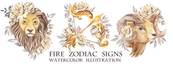 fire zodiac signs, watercolor hand draw astrology illustration isolated on white background