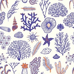 sea set seamless pattern with seashells, corals, alga and starfishes. marine background.  