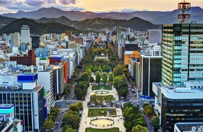cityscape of sapporo, hokkaido, japan at odori park.