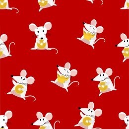cute mouse and gold money seamless pattern. 2020 the year of rat zodiac. lucky animal cartoon character  in red background.