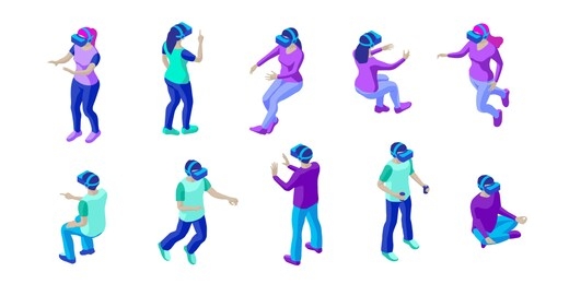 set of young people wearing vr helmets. young men and women interact with invisible virtual objects. isometric characters. isolated on white background. design element for web page, mobile app etc.
