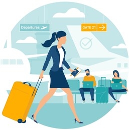 flat design illustration of young man and women travellers at airport departure area waiting for flight. webpage promotion and advertising template concept.