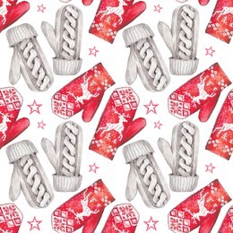 seamless pattern with red and gray knitted mittens. watercolor illustration on white background.