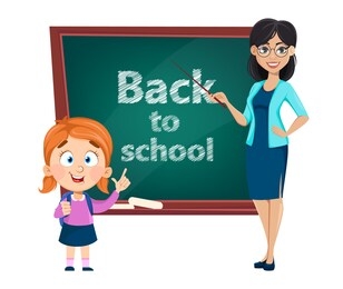 back to school. teacher woman cartoon character and cute schoolgirl. teacher's day. vector illustration
