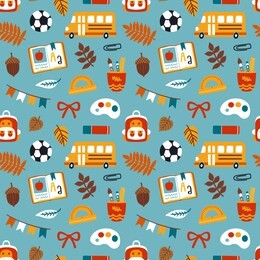 vector seamless pattern with school elements: yellow school bus, ball, book, school bag, stationery and autumn leaves. cute hand drawn repeated texture. back to school background.