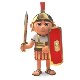 serious 3d roman legionnaire centurion soldier with sword drawn, 3d illustration render