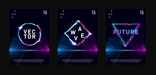 retrowave / vaporwave / synthwave posters set. circle, triangle and rhombus with glitch effect, laser grid and highlights. design for poster, flyer, cover, brochure, card, club invitation. eps 10