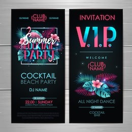 summer cocktail party typography poster with flamingo and fluorescent tropic leaves. invitation design. nature concept