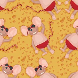 christmas vector mouse seamless pattern. cartoon illustration. mice lie on a large piece of cheese