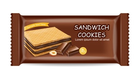 chocolate waffles cookies package vector realistic. product placement mock up. sweet dessert chocolate splash label design. 3d illustration