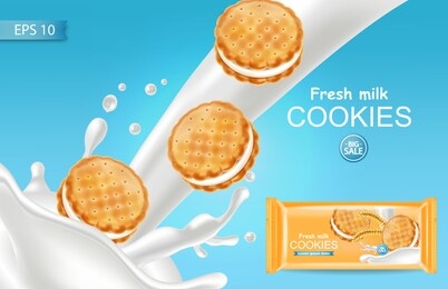 vanilla cream cookies vector realistic. product placement mock up. sweet dessert cream splash design. 3d illustration