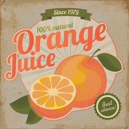 orange juice retro flyer. vector label illustration on vintage paper for natural fruit juice.