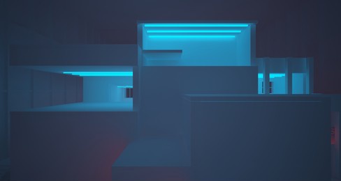 abstract architectural white interior of a minimalist house with color gradient neon lighting. 3d illustration and rendering.