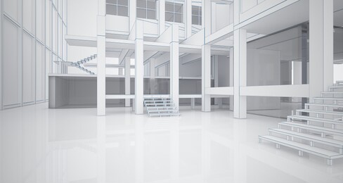 abstract architectural white interior of a minimalist house with large windows. drawing. 3d illustration and rendering.