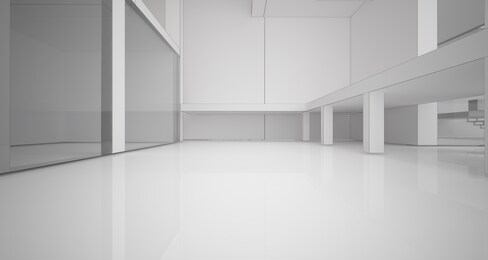 abstract architectural white interior of a minimalist house with large windows. drawing. 3d illustration and rendering.