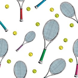 tennis background. seamless vector pattern of hand-drawn colored sketch style tennis racquet with yellow tennis balls on white background. 