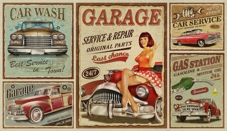 set of vintage car metal signs,garage,car wash and gas station retro poster.