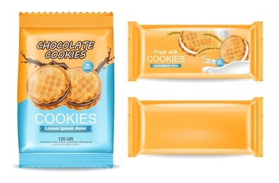 chocolate cookies package vector realistic. product placement mock up. sweet dessert chocolate splash design. 3d illustration