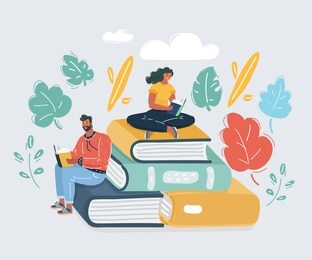 cartoon vector illustration of book festival. students woman and man reading, learning and sitting on big books. study in library. literature fans or lovers, student, education concept, fair.
