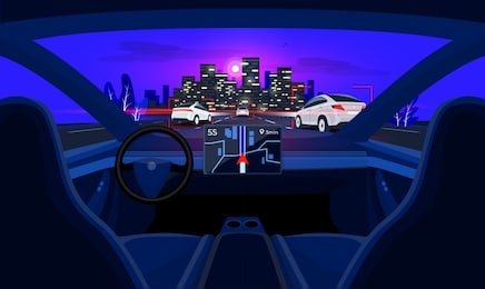 autonomous autopilot smart driverless electric car self-driving on road to city. viewed from the car interior dashboard display. vector cartoon style with night skyline panoramic perspective horizon.