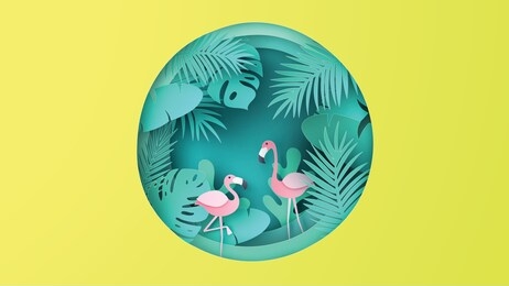 flamingo bird couple with tropical forest background in summer season. graphic design for summer. paper cut and craft style. vector, illustration.