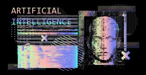 abstract technology background with human face mask and glitch art elements. conceptual vector illustration for ai (artificial intelligence), face recognition, mechatronics and robotics topics.