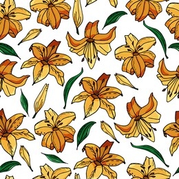 seamless pattern with lily flower on a white background. handmade. vector. print for bed linens, fabric, textiles, wallpaper, greeting cards, wrapping paper,gift box