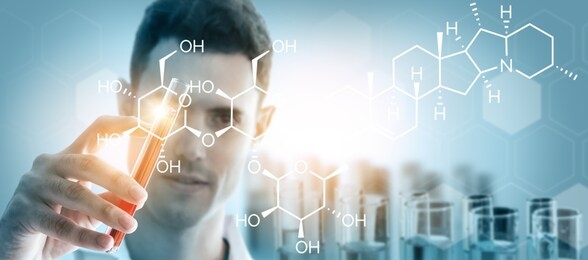 research and development concept. double exposure image of scientific and medical lab instrument, microscope, test tube and glass flask for microbiology and chemistry in laboratory for medicine study.