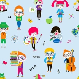 smart school children flat vector seamless pattern. clever boys and girls in glasses characters on white background. schoolgirls and schoolboys backdrop. wrapping paper, textile cartoon design