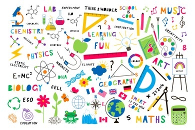 back to school flat vector background. art class tools, office stationery illustration. children elementary education and learning. ruler, flags, calculator, flasks cartoon design elements set