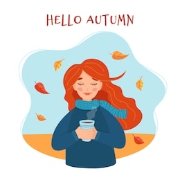 hello autumn cute girl holding a cup with autumn background and leaves. cute lettering. vector illustration in flat style