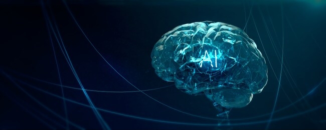 machine learning , artificial intelligence , ai, quantum computer deep learning blockchain neural network concept. translucent brain with shining wireframe in abstract cyberspace 3d render