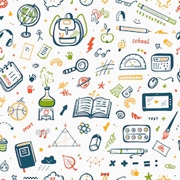 hand drawn doodle school supplies icons vector seamless pattern. education design elements colorful background for kids. back to school
