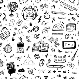 hand drawn doodle school supplies icons vector seamless pattern. education design elements black and white background for kids. back to school