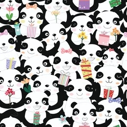 seamless pattern cute panda bear family with ribbon holding  giftbox and flower cartoon,illustration vector doodle comic art.