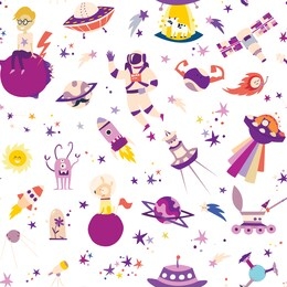 space seamless pattern vector illustrations. light color doodles galaxy background on white. cosmic fantasy sky wallpaper