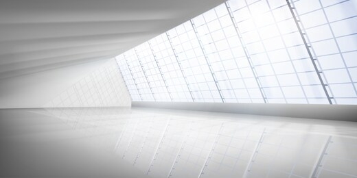 empty interior with large windows. empty modern office room. illuminating sun rays. vector illustration.