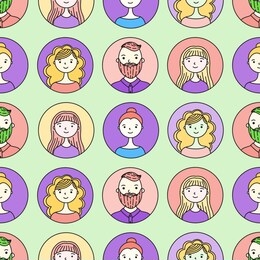 flat colorful doodle characters in round icons. vector seamless pattern. happy people. work team