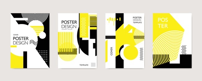 geometric poster template. seamless pattern with abstract shapes. event, sale, magazine and creative cover layout banner. publication and promotion. yellow and black on white background