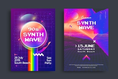 summer synthwave party set of posters with grid wave. cover in vaporwave style. electronic music neon flyer of the 80s and 90s.