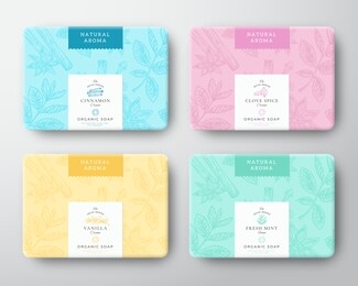 cinnamon, clove, mint and vanilla soap cardboard boxes set. abstract vector wrapped paper container with label cover. packaging design. hand drawn spices background pattern layout. isolated.