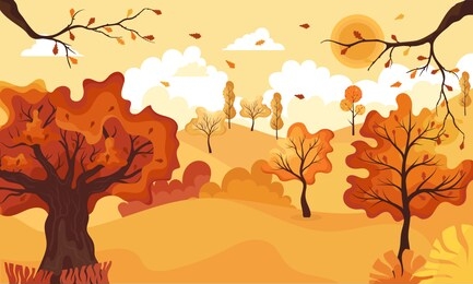 autumn landscape.panoramic of countryside landscape with oak.cartoon yellow orange fall tree and autumnal garden bush icon with fall season gold leaves for city park and forest.