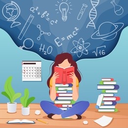 girl prepare to exam. young woman sitting read book and thinking about formulas . education, knowledge vector concept. school, study and literature