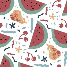 seamless pattern with watermelon, cherry and abstract lines and shapes. hand drawn vector illustration in paper cut style for food menu design